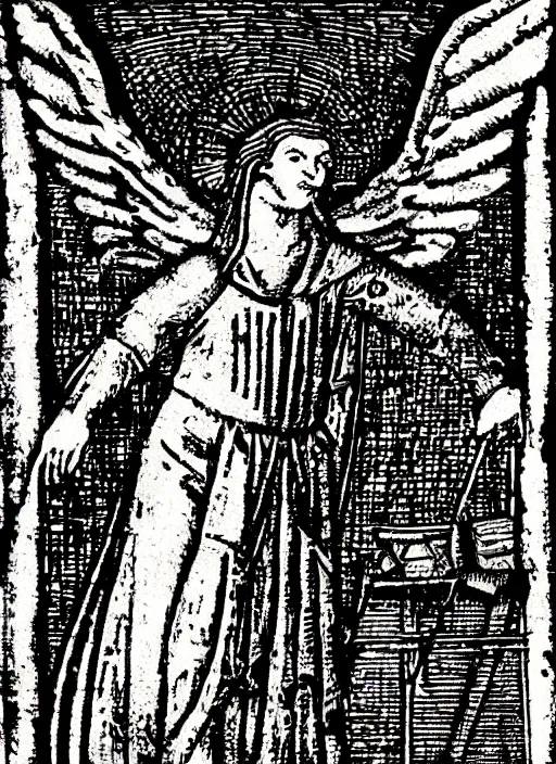 Prompt: medieval occult etching, very detailed, of the angel of mercury