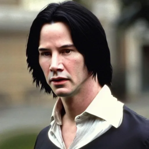 Image similar to Film Still of a Young Keanu Reeves playing a Young Severus Snape in Harry Potter, Film Still, realistic, hyperrealistic, very realistic, very very realistic, highly detailed, very detailed, extremely detailed, detailed, detailed face, very detailed face, very detailed face, realism, HD Quality, 8k resolution, intricate details, body and head in frame, Real Life