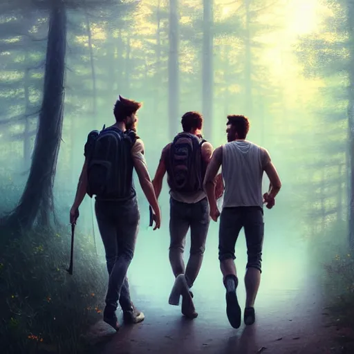 Image similar to 2 handsome masculine men walking together going to a festival | | sunny, dreamlike art, mist, realistic shaded, smile, good looking, fine details, 4 k realistic, cryengine, realistic shaded lighting poster by greg rutkowski, magali villeneuve, artgerm, jeremy lipkin and michael garmash and rob rey