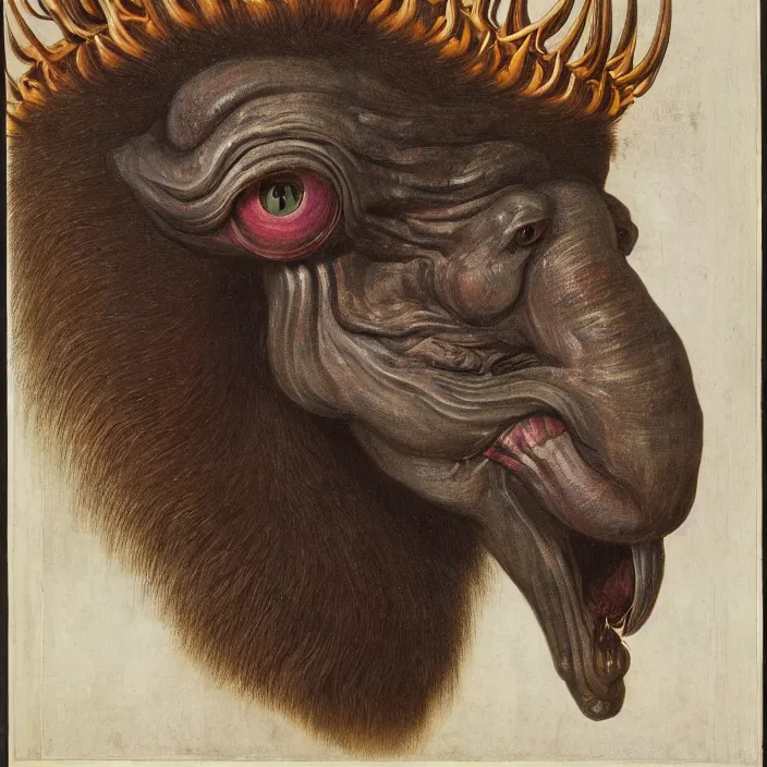 Prompt: close up portrait of a mutant monster creature with giant protruding eyes bulging out of their eye sockets, exotic orchid - like mouth, long colorful hair growing out of the nostrils, antelope horns. by jan van eyck, walton ford