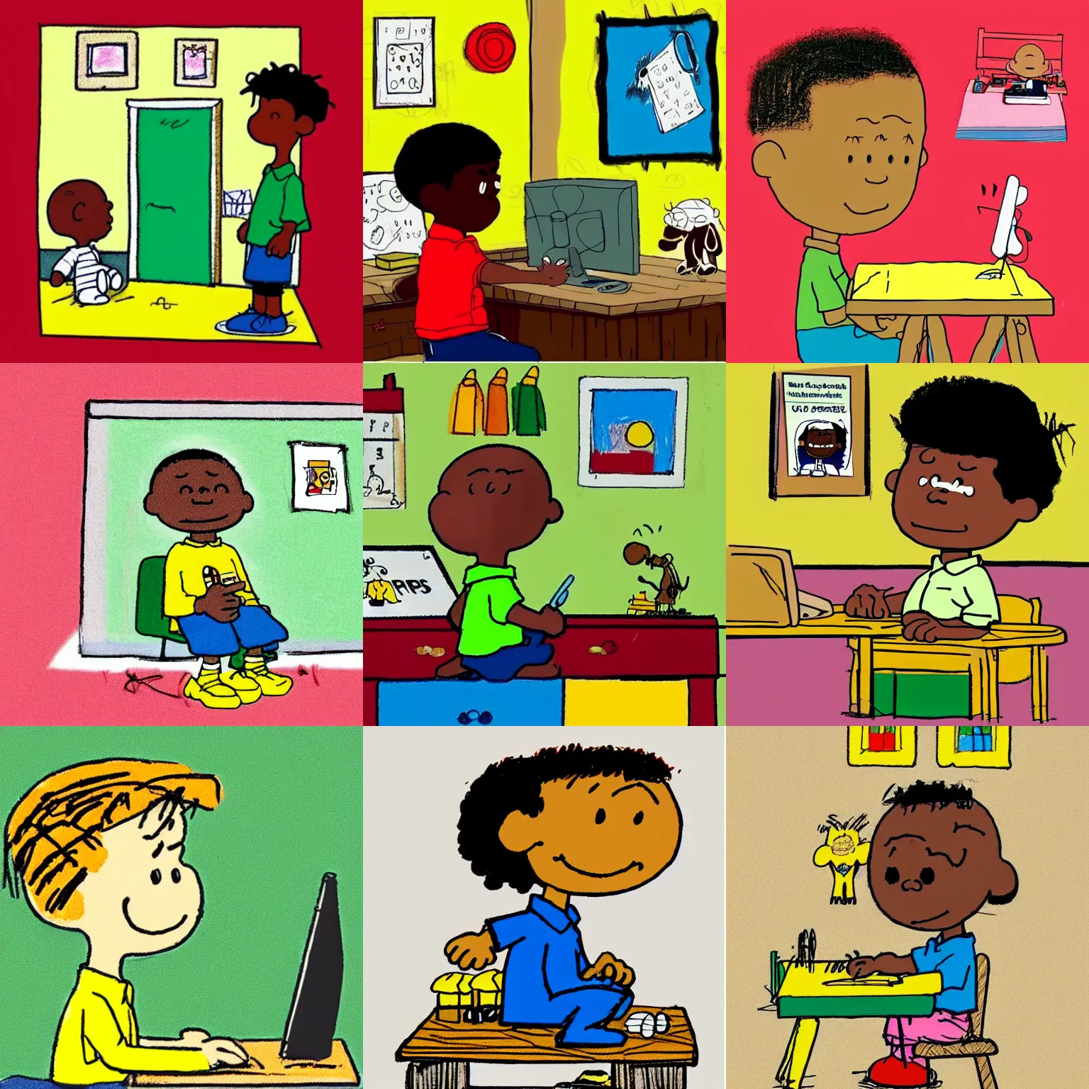 Prompt: a cute simple kid's crayon illustration of a young ghanaian 👦🏿 boy working at his home computer in his modern office bedroom, artstation, in the style of peanuts by charles m. schulz, by rossdraws and artgerm and studio ghibli and basquiat, masterpiece, hd, award winning, solid color background, red green yellow color scheme