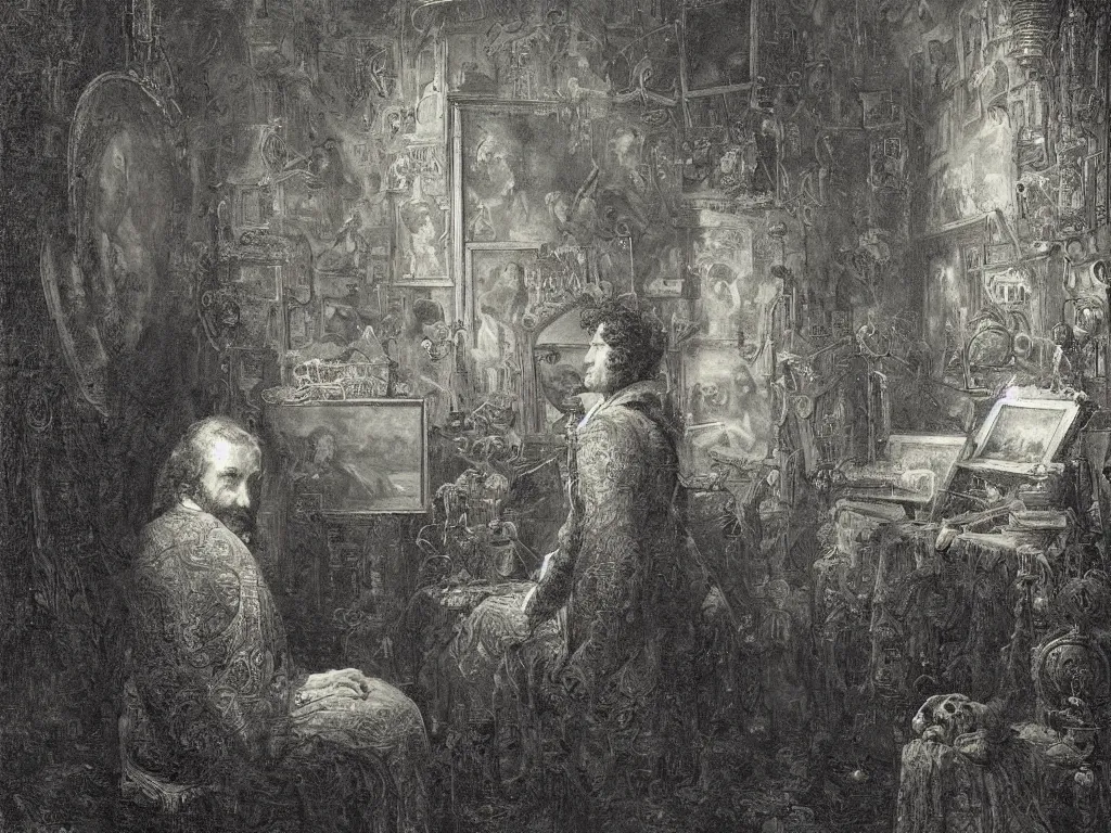 Prompt: an artificial intelligence painting a masterpiece self - portrait in his studio in the style of gustave dore