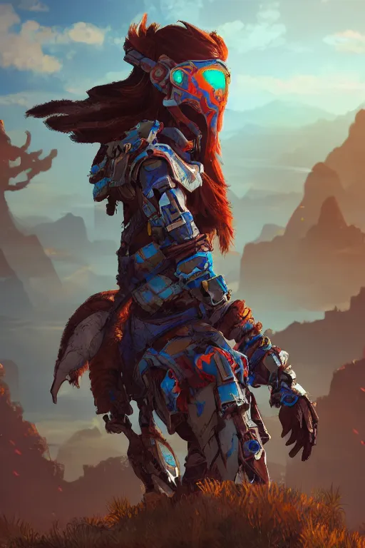 Image similar to combination suit armor aloy horizon forbidden west horizon zero dawn radiating a glowing aura global illumination ray tracing hdr fanart arstation by ian pesty and alena aenami artworks in 4 k tribal robot ninja mask helmet backpack