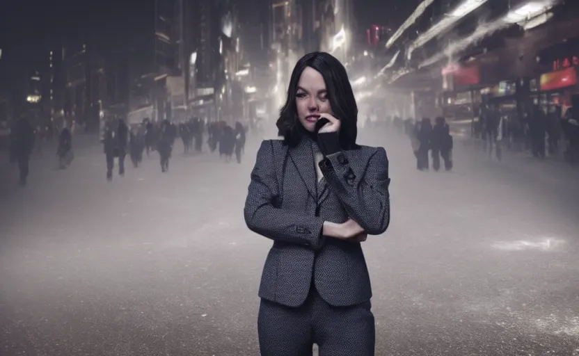 Image similar to a wide shot of a woman with a wool suit, very short hair, blurred face, wearing an omega speedmaster on her wrist in front of a crowded dystopian city full of people walking at night with fog and cyberpunk lights