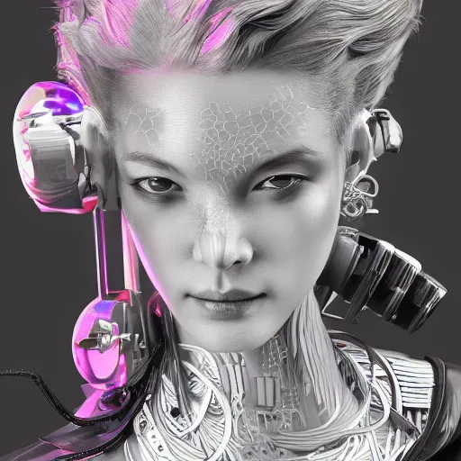 Prompt: the portrait of an absurdly beautiful, graceful, elegant, sophisticated, fashionable cyberpunk gravure idol, an ultrafine hyperdetailed illustration by kim jung gi, irakli nadar, hanna moon, intricate linework, bright colors, collage, porcelain skin, unreal engine 5 highly rendered, cgsociety, global illumination, radiant light, detailed and intricate environment