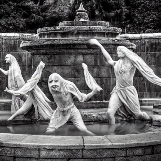 Image similar to the ghosts of the past, present and the future dancing around the fountain of youth and wisdom