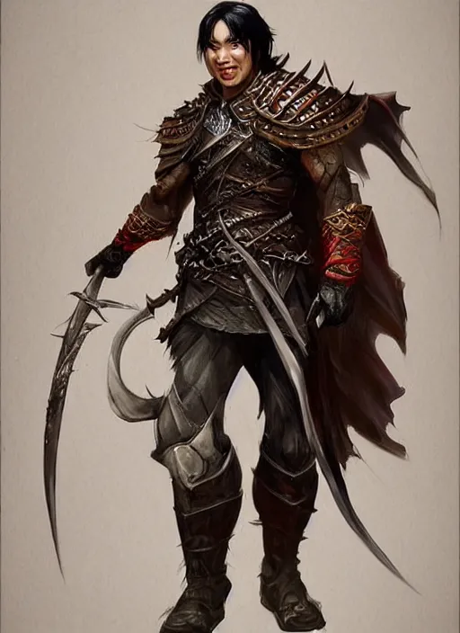 Image similar to asian with medium black hair man looks belly point of view, dndbeyond, bright, colourful, realistic, dnd character portrait, full body, pathfinder, pinterest, art by ralph horsley, dnd, rpg, lotr game design fanart by concept art, behance hd, artstation, deviantart, hdr render in unreal engine 5