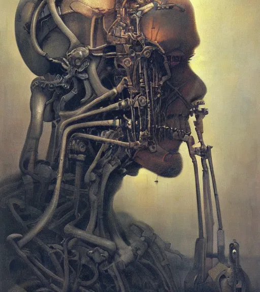 Prompt: beautiful oil clean painting biomechanical portrait of man connected to the machine by wayne barlowe, rembrandt, complex, old, stunning