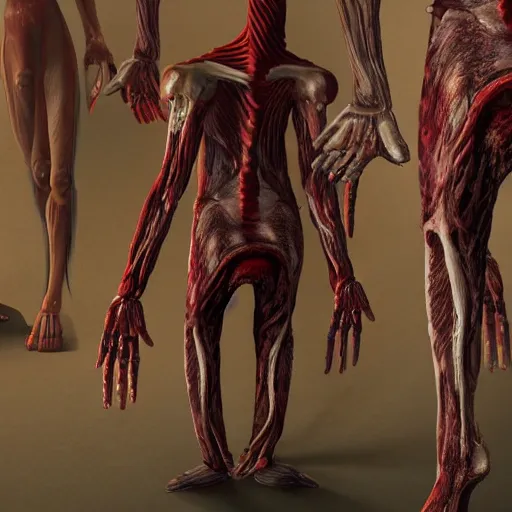 Image similar to A strange humanoid invader from another meat world stands in a modern room. Spikes, tumors, many eyes, veins, no skin. Bodyhorror style, without blurring, meat colors, extremely high detail, photorealism, 8k