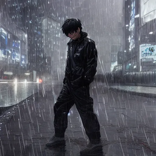 Prompt: killua zoldyck black hair, detailed face, rain, techwear, streetwear, cyberpunk style outfit, greg rutkowski, ross tran, takato yomamoto, wlop, ilya kuvshinov, intricate complexity, detailed portrait, 4 k, cinematic lighting, artstation, sharp focus, smooth, makoto shinkai