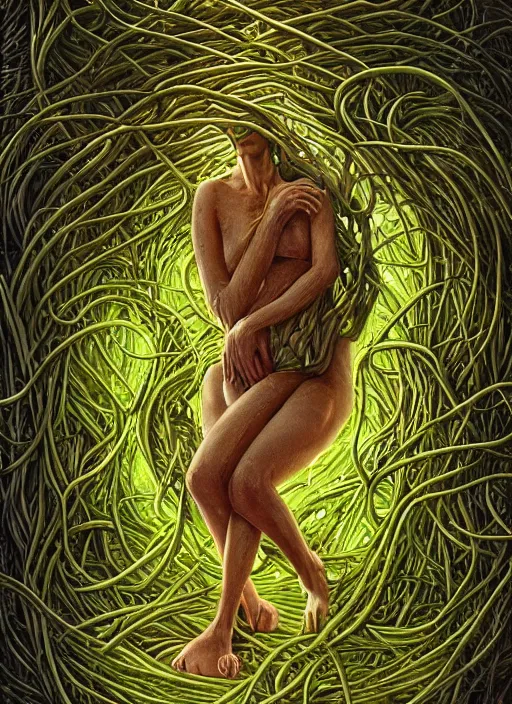 Image similar to a beautiful person trapped in the fetal position inside of extremely thick vines intertwined, central circular composition, high saturation, epic lighting, in the style of Peter gric and Hannah yata 8k