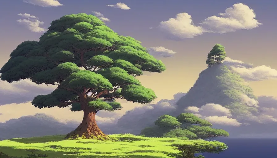 Prompt: a landscape of a single tree with bushes nearby, studio ghibli, castle in the sky, animated, anime, illustrated, vibrant, by kazuo oga i, by miyazaki, on artstation