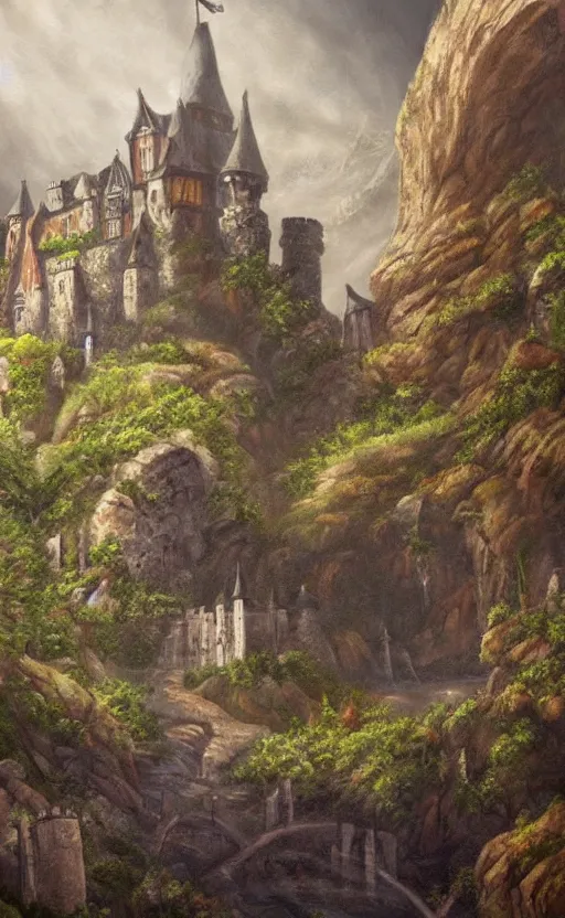 Image similar to A fantasy painting of a castle in a deep valley, lots of detail