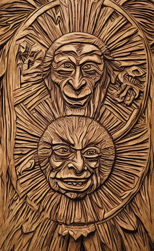 Prompt: an extremely detailed wood relief carving depicting a monstrous image of the jim varney, stylized sun, medieval, renaissance, manuscript, woodcut, in the style of albrecht durer, alchemical symbols