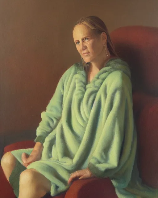 Prompt: an oil painting portrait of a woman wearing a snuggie, seated, soft lighting