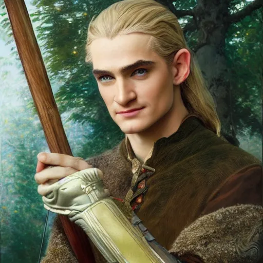 Image similar to a beautiful painting of attractive legolas the elf at the apple event, art photography, highly detailed painting by gaston bussiere, craig mullins, j. c. leyendecker 8 k, modern, apple event