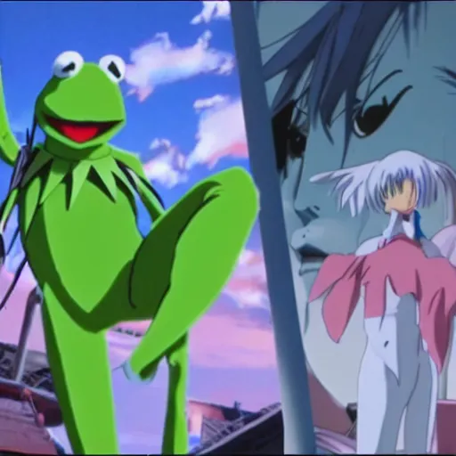 Prompt: Still from the anime movie End of Evangelion, Kermit the Frog from Sesame Street as a giant Rei Ayanami