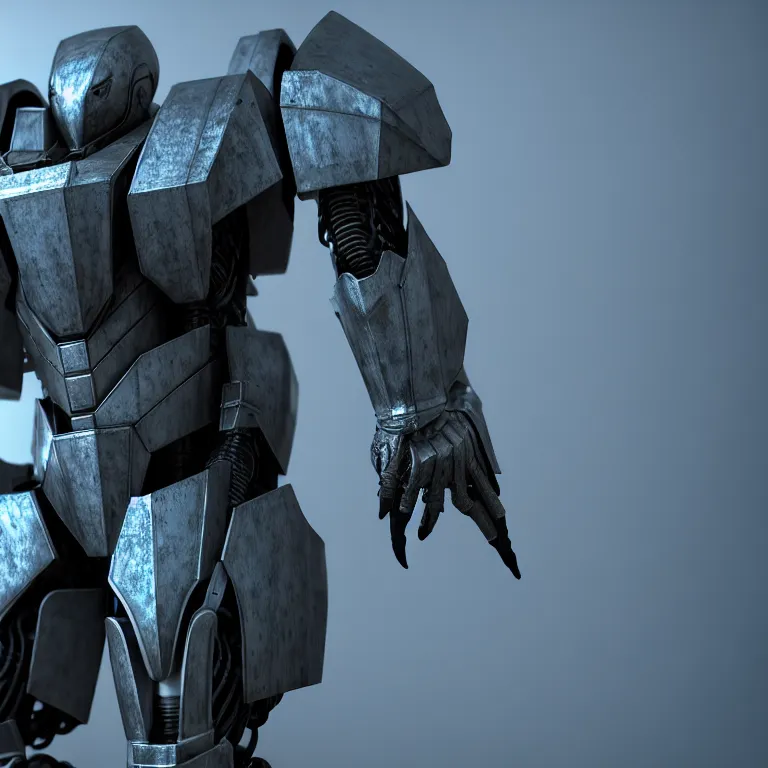 Image similar to hyper detailed photorealistic cinematic rendering with volumetric lightning and ray tracing, blue skinny full body armored core, weathering armor plating, endoekeleton exposure, 8 k, octane render, unreal engine, ray tracing