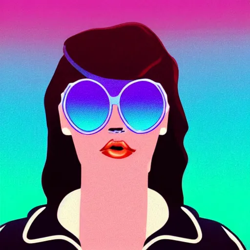 Prompt: a woman with light blue shutter shades in front of a sunset, a dark brown leather jacket, one side brown haircut with blue ends, vector art by jan tengnagel, pixabay contest winner, retrofuturism, retrowave, synthwave, outrun, portrait,