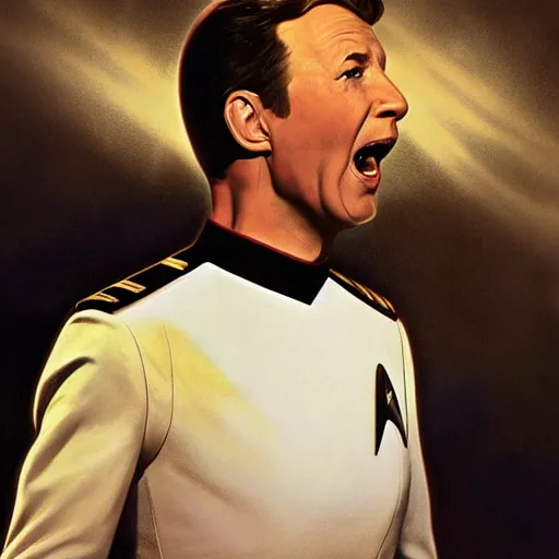 Image similar to photograph of captain j. kirk from star trek screaming in terror. sharp photograph, sharp focus, highly detailed,, detailed face!!, ultra realism, dramatic lighting, zeiss lens, canon eos, detailed skin, dynamic pose, 8 k resolution, hyperrealism, portrait photography, art by artgerm and greg rutkowski and alphonse mucha