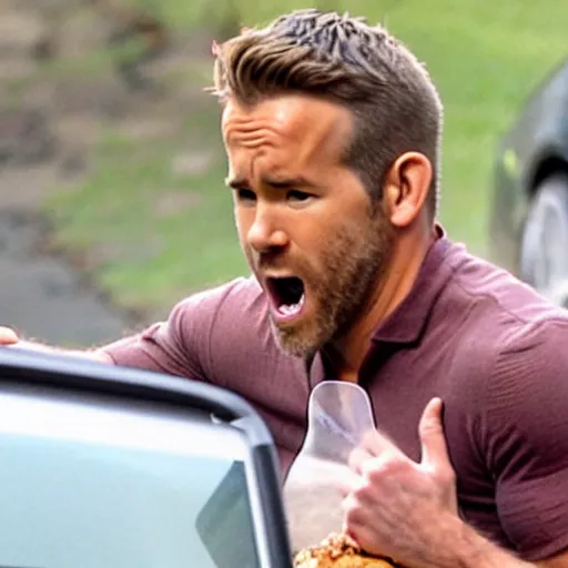 Prompt: ryan reynolds unhinging his jaw to eat a massive sloppy burger