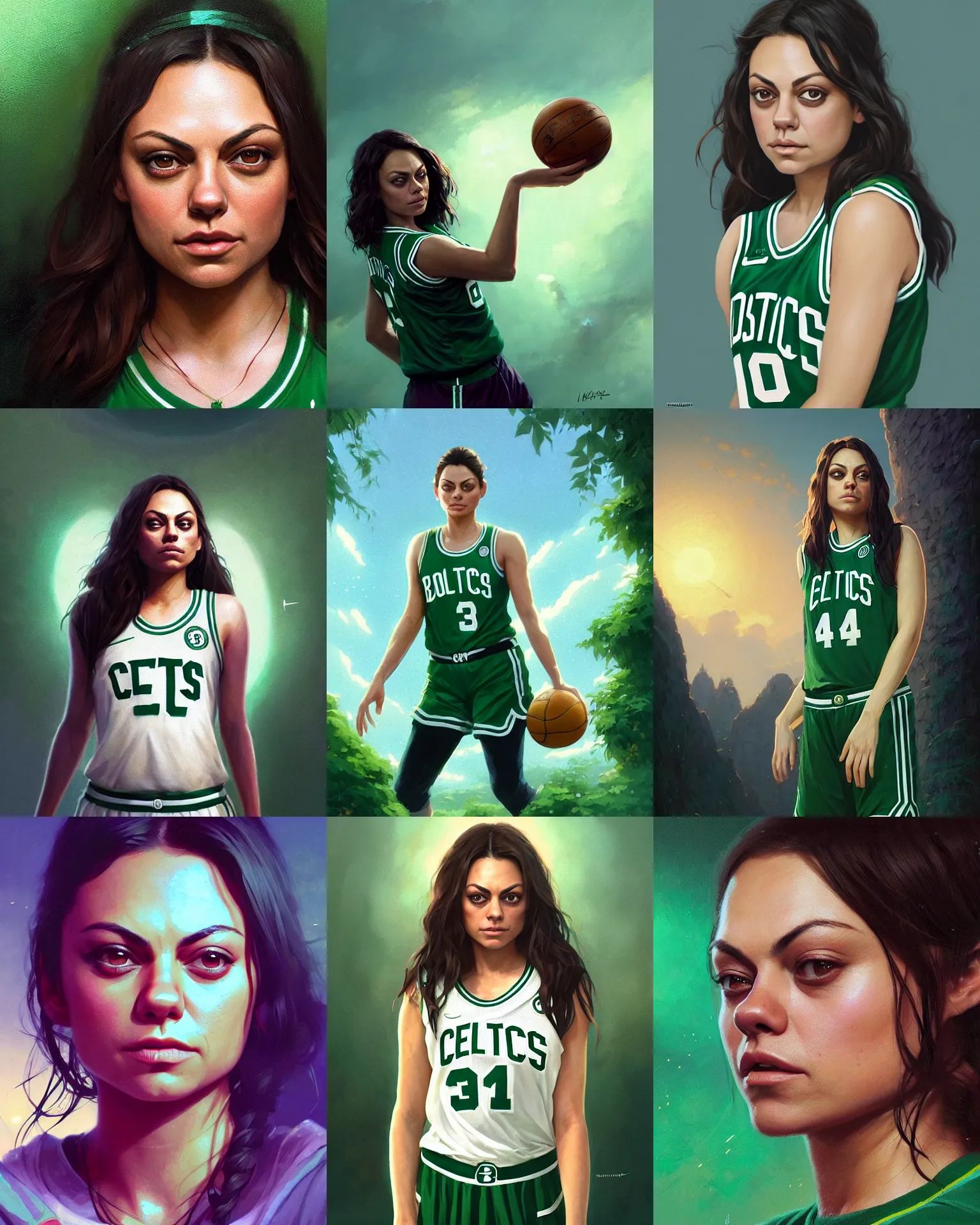 Prompt: mid - range portrait of mila kunis wearing boston celtics uniform, stephen bliss, unreal engine, fantasy art by greg rutkowski, loish, rhads, ferdinand knab, makoto shinkai and lois van baarle, ilya kuvshinov, rossdraws, tom bagshaw, global illumination, fan art, radiant light, detailed and intricate environment