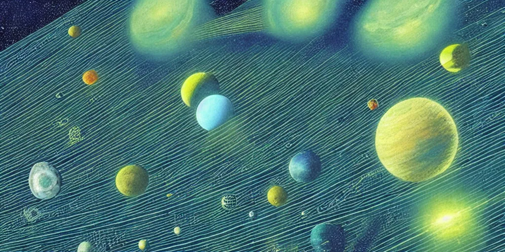 Image similar to Artwork by Tim White of the cinematic view of a solar system of giant diatoms.