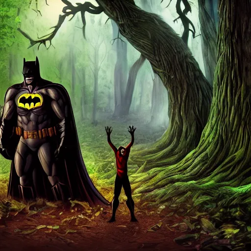 Image similar to batman meets groot in the woods digital art 4 k detailed super realistic