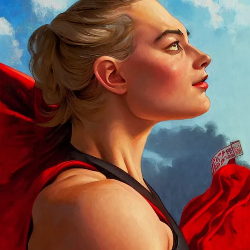 Image similar to socialist realism propaganda poster of margot robbie as beautiful female very muscular weightlifter from overwatch, portrait, profile picture, socialist realism, highly detailed, intricate, digital painting, artstation, sharp focus, illustration, art by jakub rozalski, greg rutkowski, artgerm, tan zi and ayanamikodon and alphonse mucha and wlop