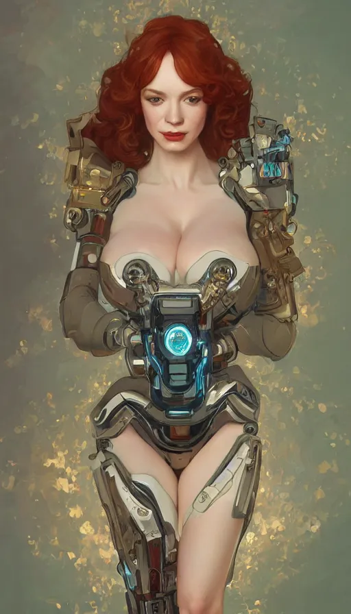 Image similar to portrait of christina hendricks as a robot, cyberpunk machine, machine face, robed, upper half portrait, decorated, intricate intense elegant highly detailed digital painting artstation concept art smooth sharp focus illustration, art by artgerm and greg rutkowski alphonse mucha 8 k