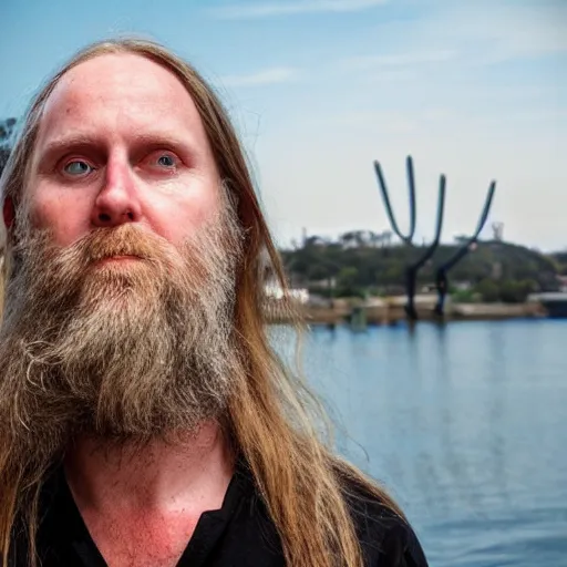 Prompt: varg vikernes holding a spear with ucsd geisel library in the background