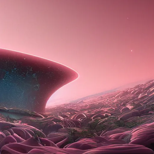 Image similar to panorama,utopia,science fiction,bio-inspired,organic,aurora,detailed,complex,pink hues,octane render