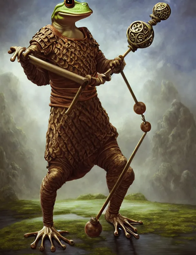 Image similar to anthropomorphic bipedal frog that is dressed as a renaissance fighter, and holding a giant flail on a chain, as a matte oil painting and d & d character art, by alex grey, standing, fullbody, floating bubbles, mystic, fog, fractals, spirals, concept art, award - winning, extremely detailed, sharp focus