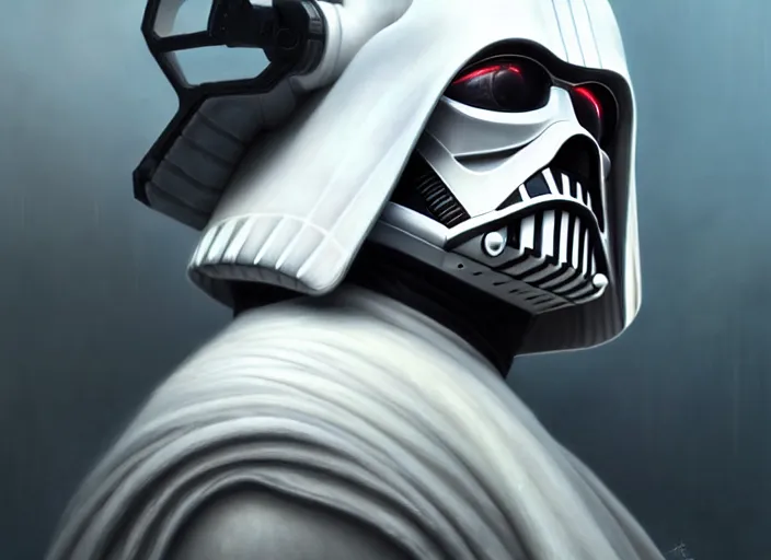 Image similar to portrait shot of a white darth vader in cyberpunk 2 0 7 7, intricate, elegant, highly detailed, centered, digital painting, artstation, concept art, smooth, sharp focus, illustration, artgerm, tomasz alen kopera, peter mohrbacher, donato giancola, joseph christian leyendecker, wlop, boris vallejo