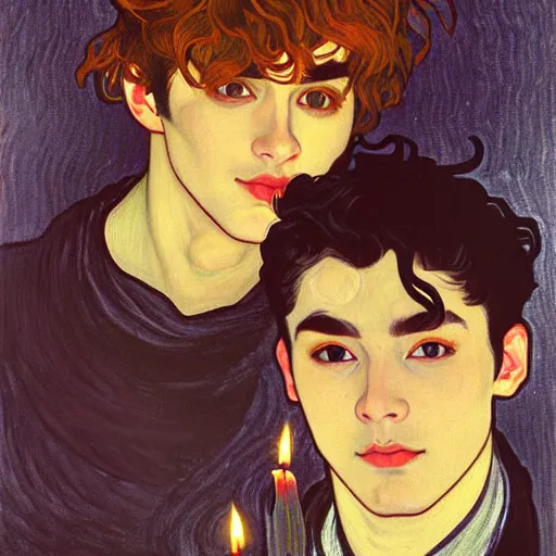 Image similar to painting of young cute handsome beautiful dark medium wavy hair man in his 2 0 s named shadow taehyung and cute handsome beautiful min - jun together at the halloween party, bubbling cauldron, candles, smoke, tarot, autumn colors, elegant, stylized, soft facial features, delicate facial features, art by alphonse mucha, vincent van gogh, egon schiele