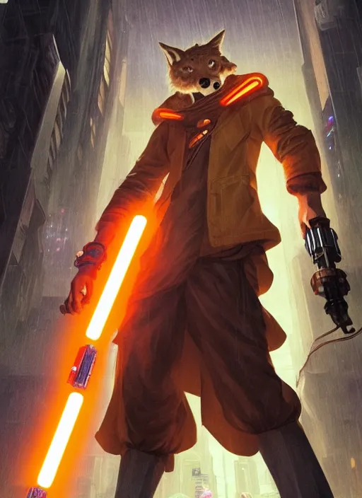 Image similar to character portrait of a anthro coyote fursona wearing jedi robes wielding an orange lightsaber in a cyberpunk city at night while it rains. hidari, color page, tankoban, 4K, tone mapping, Akihiko Yoshida.