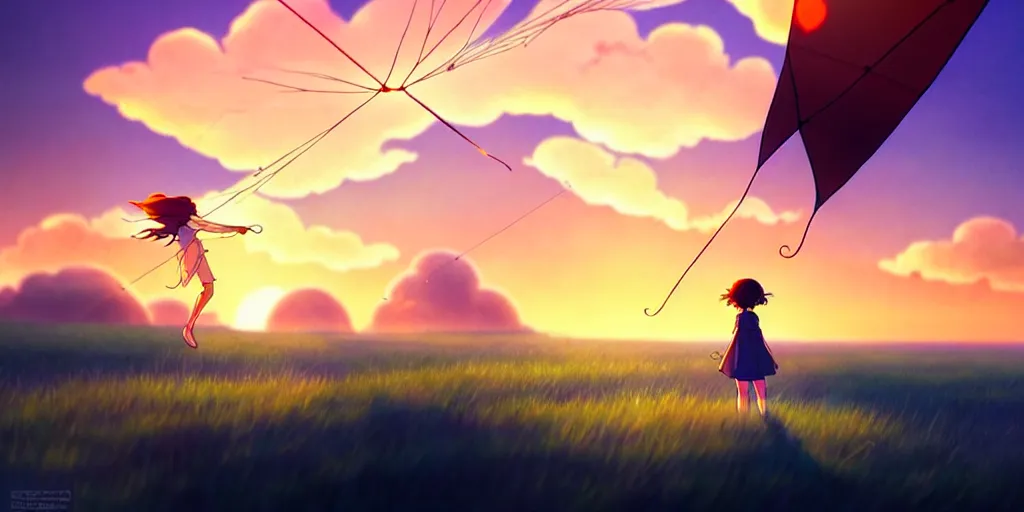 Prompt: the girl and the kites. beautiful sunrise. matte painting, anime, studio ghibli. intricate, elegant, super highly detailed, professional digital painting, artstation, concept art, smooth, Unreal Engine 5, Photorealism, HD quality, 8k resolution, cinema 4d, 3D, beautiful, cinematic