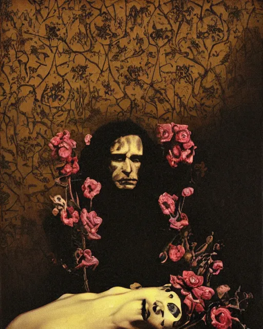 Image similar to a beautiful and eerie baroque painting of a beautiful but sinister man in layers of fear, with haunted eyes, 1 9 7 0 s, seventies, floral wallpaper, wilted flowers, a little blood, morning light showing injuries, delicate embellishments, painterly, offset printing technique, by brom, robert henri, walter popp