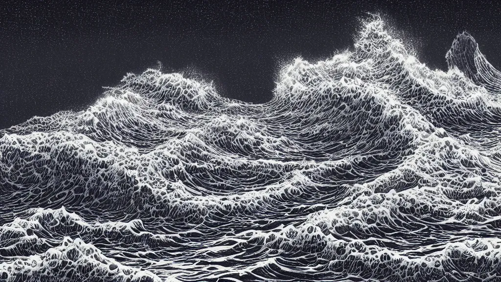 Prompt: highly detailed illustration of high exposure ocean waves at night by moebius, nico delort, oliver vernon, kilian eng, joseph moncada, damon soule, manabu ikeda, kyle hotz, dan mumford, otomo, 4 k resolution