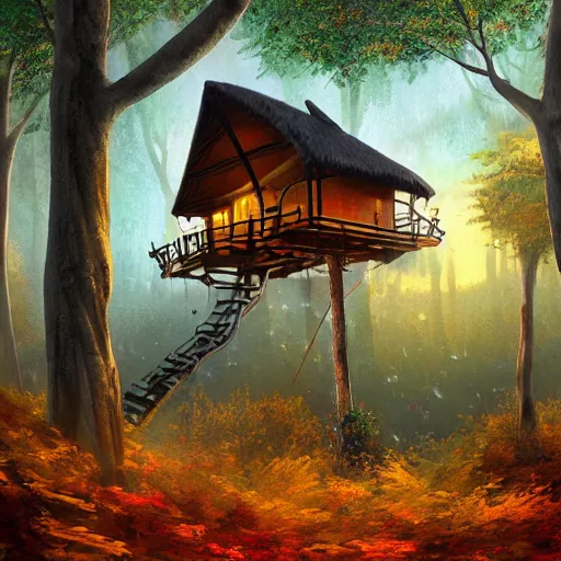 Image similar to a handful of tree houses complete with chimneys with puffs of smoke, nestled in a forest, thatched roofs, golden hour, autumn leaves, ethereal, realistic high quality art digital art trending on artstation