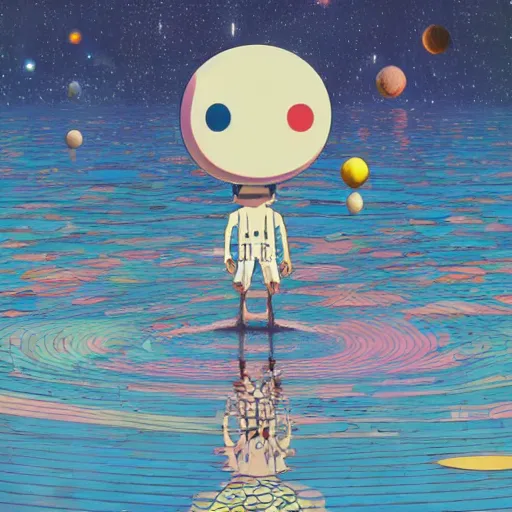 Prompt: a man walking on water under the stars by takashi murakami, beeple and james jean, aya takano color style, 4 k, super detailed