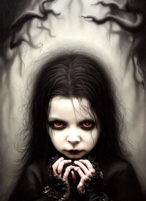 Prompt: highly detailed oil painting | very intricate | cinematic lighting | black, white and blood color scheme, dark background | portrait of a exquisite beautiful vampire little boy with long elegant tangles of black hair, eyes, gothic fog ambience, hyper realistic head, fantasy victorian art, in the style of greg rutkowski, zdizslaw beksinski, intricate, alphonse mucha