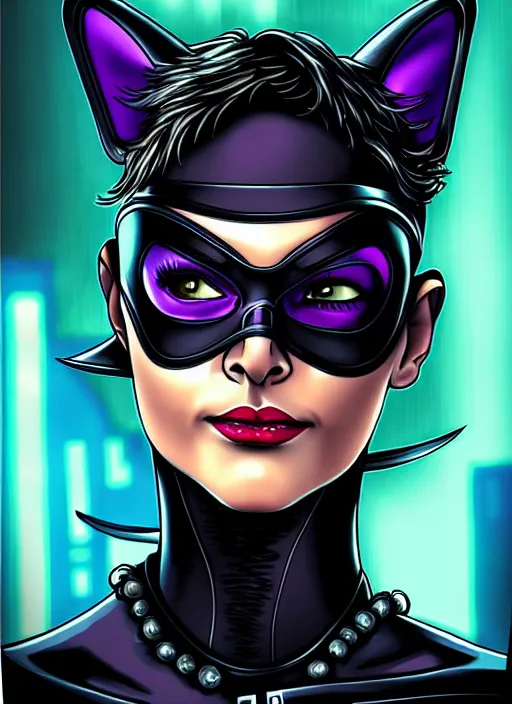 Image similar to portrait of cyberpunk catwoman