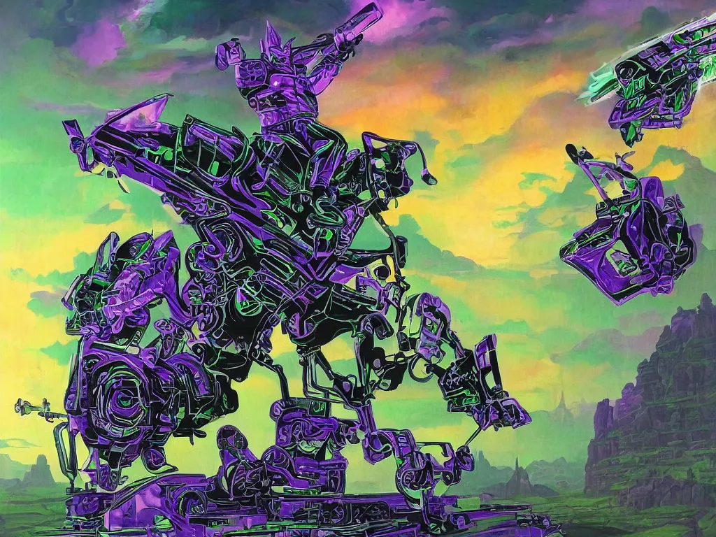 Image similar to portrait of cowboy johnny cash as purple green optimus prime from transformers riding on guitar zord ufo hoverboard, intricate, highly detailed, smooth, artstation, digital illustration by Lisa Frank and Ruan Jia and Mandy Jurgens and Artgerm and Wayne Barlowe and Greg Rutkowski and Zdislav Beksinski