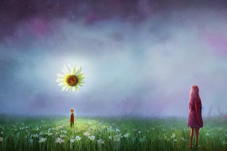 Image similar to giant daisy flower over head, girl walking in spirit forest, surreal photography, dark night, stars, moon light, impressionist painting, clouds, digital painting, artstation, simon stalenhag