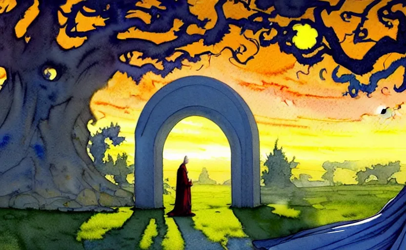 Prompt: a hyperrealist watercolor concept art of a bright blue sunny day. a dimensional portal in the shape of a tree arch is in the background and a medieval monk in grey robes is in the foreground. an orange sunset is seen through the portal. very muted colors, by rebecca guay, michael kaluta, charles vess. high detail, hq, wide shot, 4 k