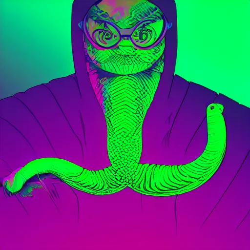 Prompt: green snake in hoodie, portrait, vaporwave, synthwave, neon, vector graphics, line art, cinematic, volumetric lighting, f 8 aperture, cinematic eastman 5 3 8 4 film