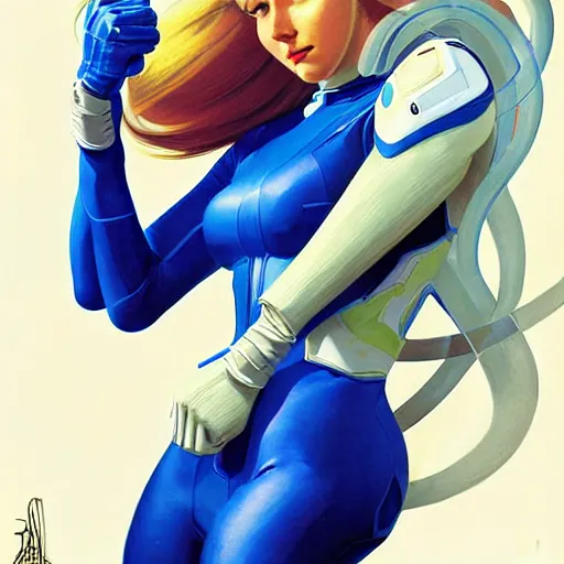 Prompt: head and shoulders portrait of Zero Suit Samus, illustration, medium shot, intricate, elegant, highly detailed, digital art, sharp lines, ffffound, art by Gil Elvgren and Fernanda Suarez and Greg Manchess and Sachin Teng