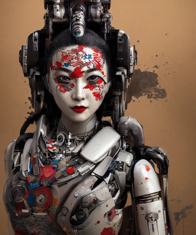 Image similar to an epic fantastic realism comic book style portrait painting of a japanese robotic geisha with kanji tattoos and decals, apex legends, octane render, intricate detail, 4 k hd, unreal engine 5, ex machina, irobot