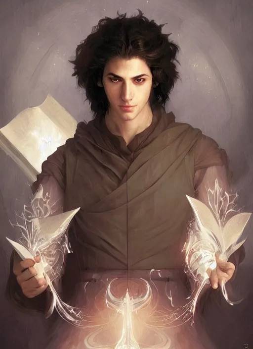 Image similar to character concept portrait of an attractive young Spanish wizard with white skin conjuring a flood spell, a floating iridescent spell book in the center, intricate, elegant, digital painting, concept art, smooth, sharp focus, illustration, from Metal Gear, by Ruan Jia and Mandy Jurgens and William-Adolphe Bouguereau, Artgerm